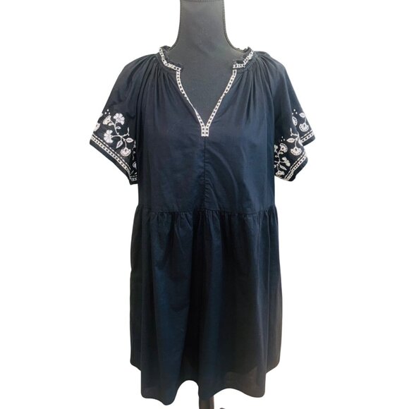 Old Navy Black Embroidered Short Sleeve Boho Swing Dress Pockets L Cottage Boho - Picture 2 of 9